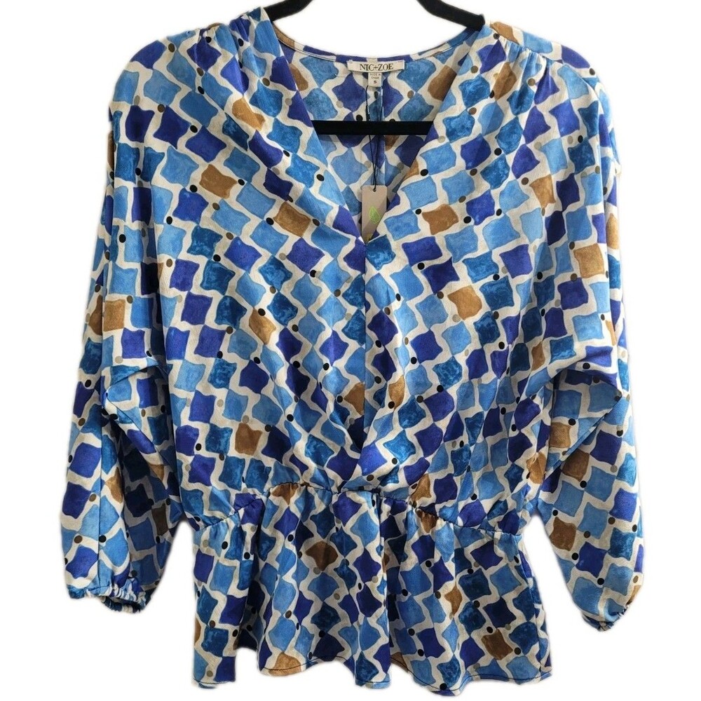 NWT Nic+Zoe Blue Multi Geometric Peplum Blouse Small V Neck Long Sleeve